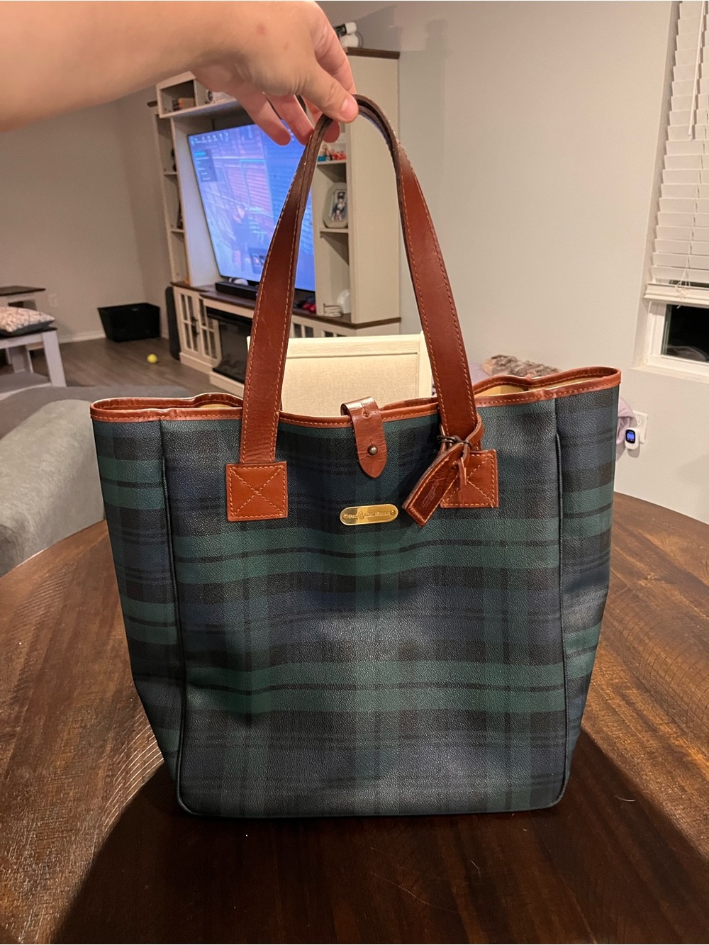 Polo by Ralph Lauren Green & Navy Tartan Tote with Brown Leather Trim